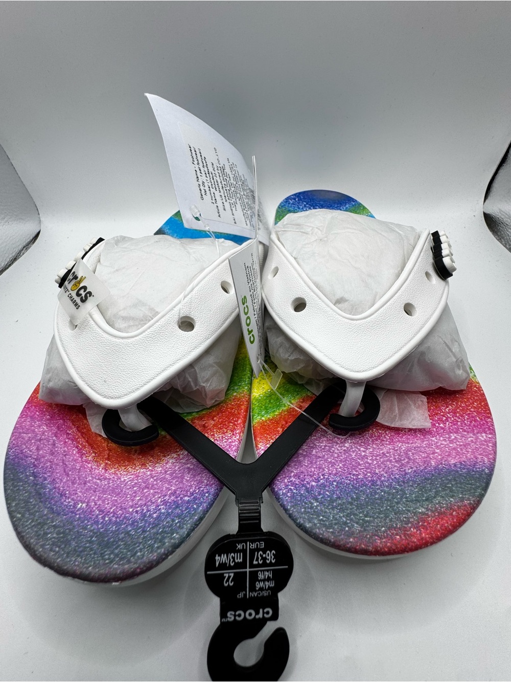 CROCS White Strap Flip Flops with Rainbow Footbed